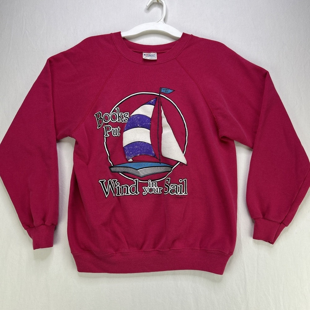 Vintage '91 Hanes Crewneck Sweatshirt Women's Size Large* Book Sail Print Pink